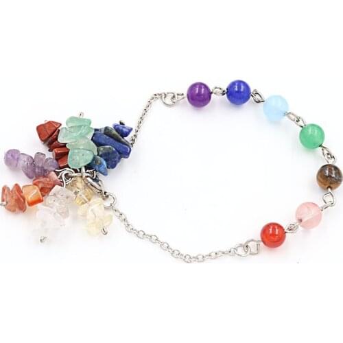 6 mm Round Beads Silver Plated Link Chain Bracelet with Colorful Irregular Shape Gravel Healing Chakra Reiki Jewelry