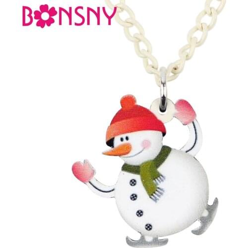 Bonsny Acrylic Christmas Happy Skiing Snowman Necklace Pendant Chain Festival Jewelry For Women Girls Teens Party Gift Accessory