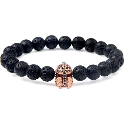 Natural Stone Bracelets Black Lava 8MM Spartan Warrior Gladiator Helmet Fashion Punk Classic Elastic Rope For Women Men