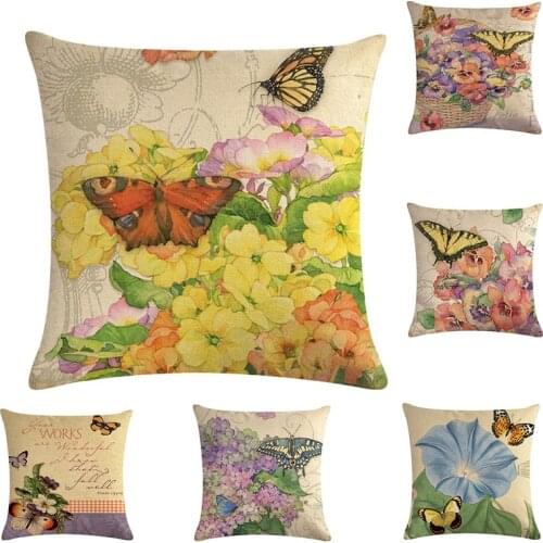 Flower Pattern Linen Cushion Cover Vintage Style Letters Butterfly Print Pillowcase Waist Throw Pillows Cover Home Decor 45*45cm
