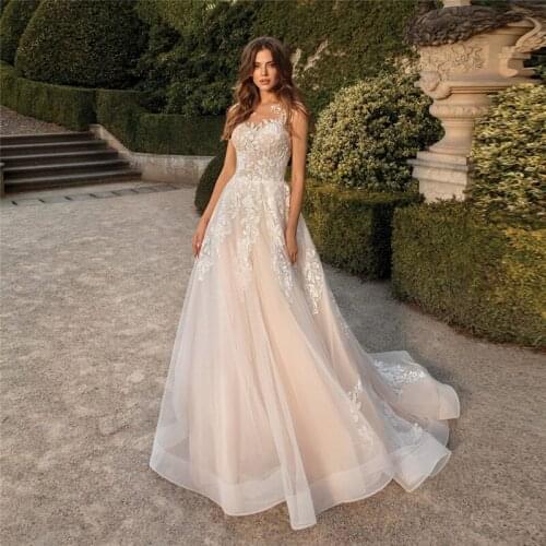 Fantastic Scoop Neck A-Line Wedding Dresses With Lace Appliques Bridal Gowns Tulle Soft Lace Up Corset Robe De Mariee 2021