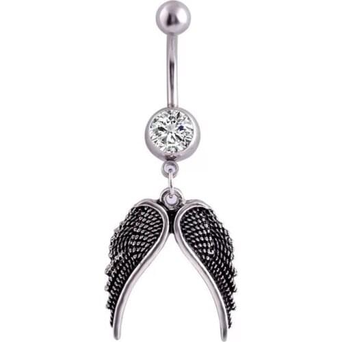 Surgical Steel Angel Wings Dangle Navel Rings Double CZ Crystal Navel Bars Belly Button Ring Navel Piercing Body Jewelry