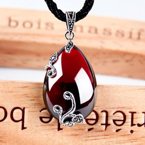 ZHJIASHUN Retro 100% 925 Sterling Silver Garnet Pendant Necklace For Women Vintage Natural Gemstones Ruby Pendants Jewelry