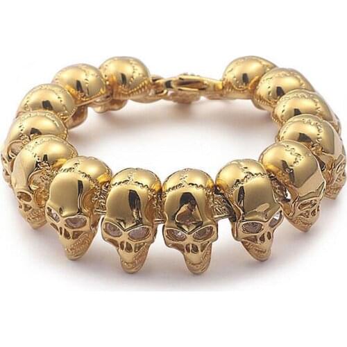 Cool Mens Punk Skull Skeleton Head Bracelet Hot Sale Gold 316L Stainless Steel Charm Bracelet 23mm*22cm