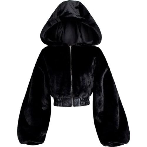 Winter Faux Fur Jacket Women Short Coat 2020 Thick Warm Fashion Gothic Casual Zipper Jackets Black Hooded Outwear Oversize Coats