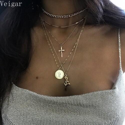 Gold Color Layered Necklace Coin/Rose/Cross Pendants Necklaces Female 2018 Fashion Jewelry Bijoux Femme Ladies Party Necklace