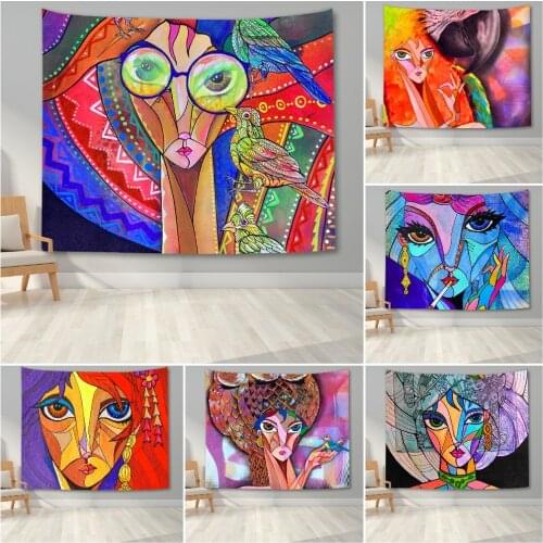 Lovely Abstract Girl Portrait Tapestry Wall Hanging Tapestry Woman Cubism Face Muscle Texture Wall Tapestry For Bedroom Decor