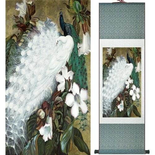 Peacock and flower painting Home Office Decoration Chinese scroll painting traditional birds and flower painting 042103