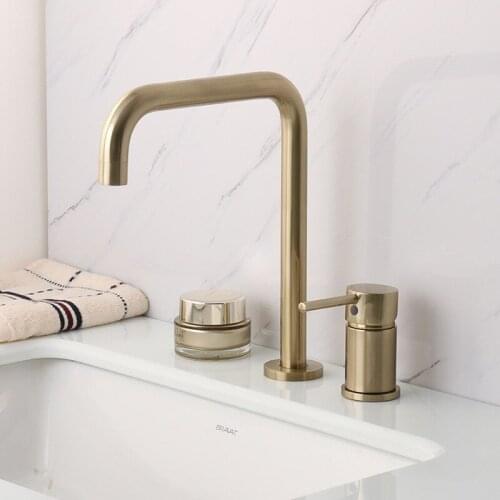 All-copper brushed gold basin faucet Double-hole split basin faucet Hot and cold wash face and hand bathroom faucet