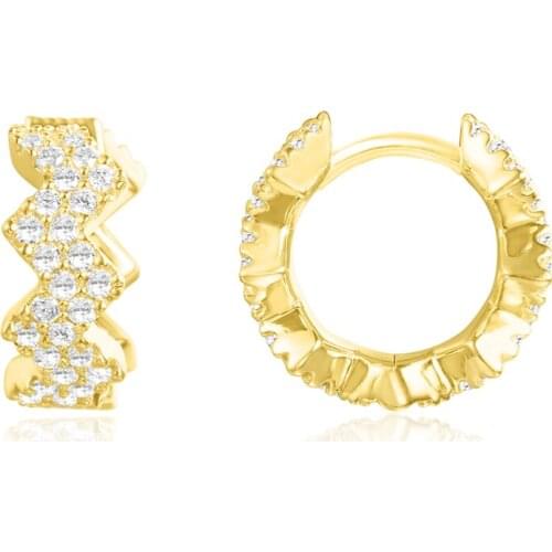 925 Sterling Silver Hoop Earrings with Gold and Yellow Color Zigzag Waves, Cubic Zirconia Pave, Fine Jewelry for Women
