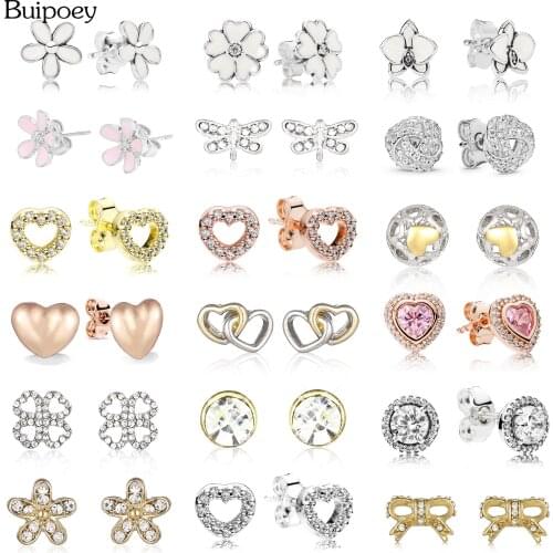 Buipoey Heart Daisy Earrings For Women Men Original Golden Silver Color Rhinestone Pearl Magnolia Flower Couple Earrings Lovers