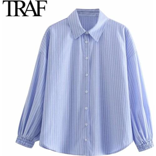TRAF ZA Women Clothes 2021 Spring Autumn Striped Tops Mujer Long Sleeve Blouse Fashion Loose Button Up Shirts