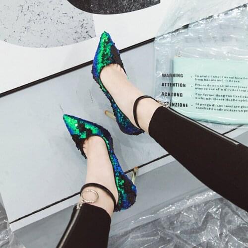 Sexy Women Bling Bling Ankle Strap Metal Heels Pumps Blade Heels Pointed toe Catwalk Glitter Sequins High Heels Ladies Zapatos