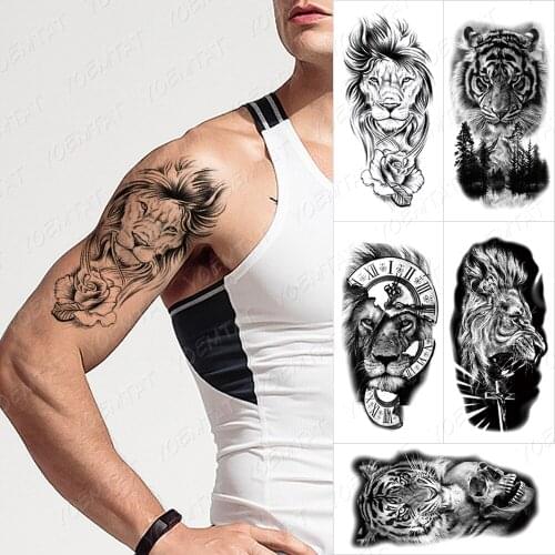 Waterproof Temporary Tattoo Sticker Lion Rose Crown Skull Tatto Arm Wolf Cross Wild Animals Body Art Arm Fake Sleeve Tatoo Women