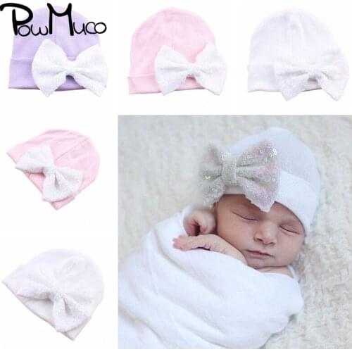 Powmuco 16*15 CM Baby Girls Knitted Wool Caps Glitter Big Sequins Bowknot Infant Hat Handmade Bows Headwear Children Accessories