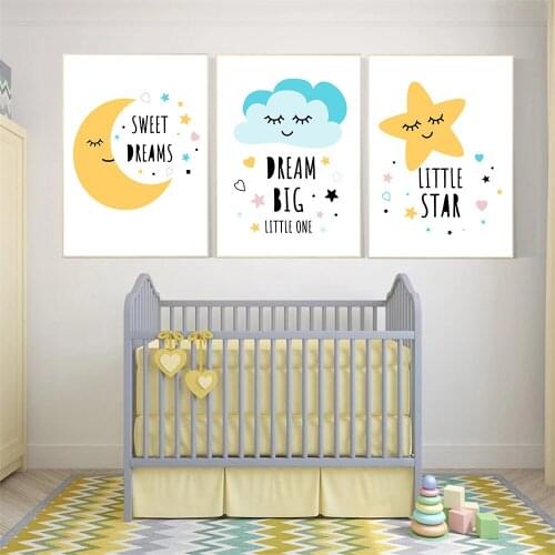 Yellow Star Moon Canvas Print Nursery Wall Art Painting Blue Cloud Poster Quote Prints Nordic Wall Pictures Baby Kids Room Decor
