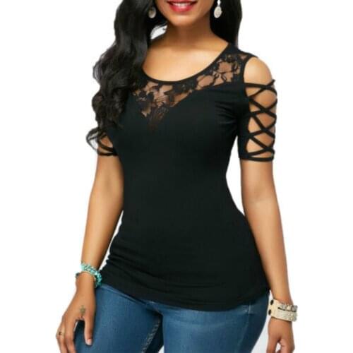 Women Solid Color Lace Floral Pattern Round Neck Short Sleeve Hollow Out Slim Bandage T-Shirt Summer Casual Tops 2020 Hot Sale