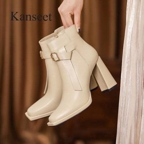 Kanseet 2021 Women Ankle Boots Autumn Genuine Leather New Arrival Zipper Short Boots 9.5cm Super High Heels Shoes Female Apricot