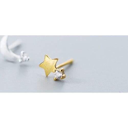 MloveAcc 925 Sterling Silver Earrings for Women Moon Star Asymmetry Stud Earring Small Clear CZ Engagement Jewelry