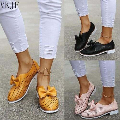 Women Bowknot Flats 2021 Summer Hollow Breathable Pointed Toe Ladies Slip On Loafers 35-43 Large-Sized Female Home Office Shoes