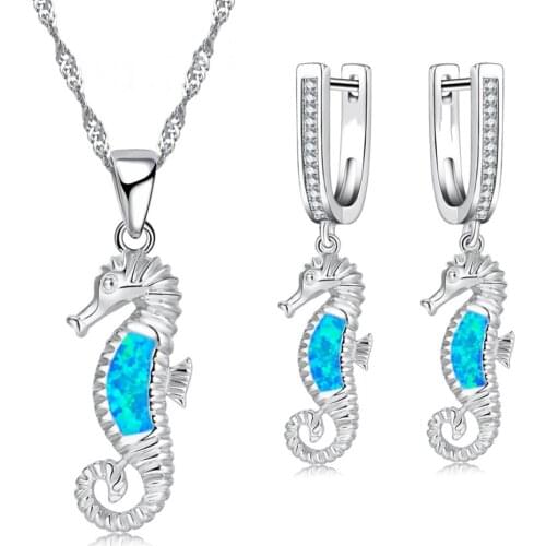 Fashion Cute Hippocampus Accessories Set For Women Imitation Blue Fire Opal Pendant Necklace Earrings Women Wedding Jewelry