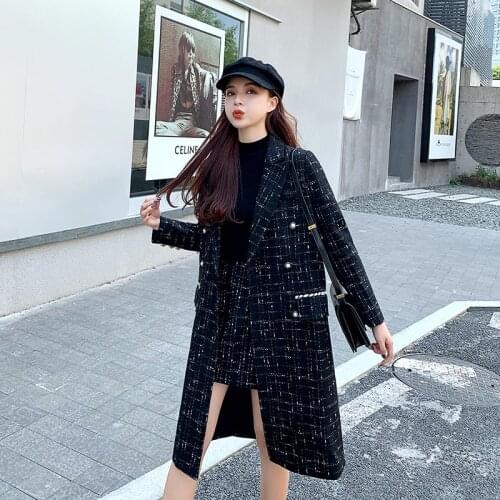 JSXDHK Elegant Winter Women Double-Breasted Tweed Plaid Black Long Overcoat Two Piece Set + Blends Wool Pencil Mini Skirts Suit