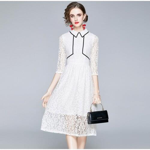 High Quality Women Spring Autumn Elegant Lace Dress Office Party Robe Femme Fashion Designer Casual Knee Length Vestidos