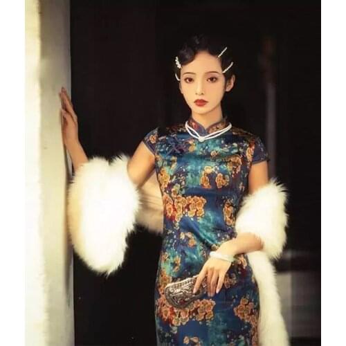 Chinese Style Cheongsam Dress Women Vintage Traditional Floral Print Old Shanghai Elegant Qipao Dress Girly Bodycon Split Dress