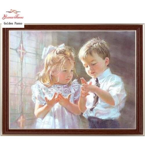 Golden panno,Needlework,Embroidery,DIY portrait Painting,Cross stitch,kits,14ct couple of kids Cross-stitch,Sets Embroidery11