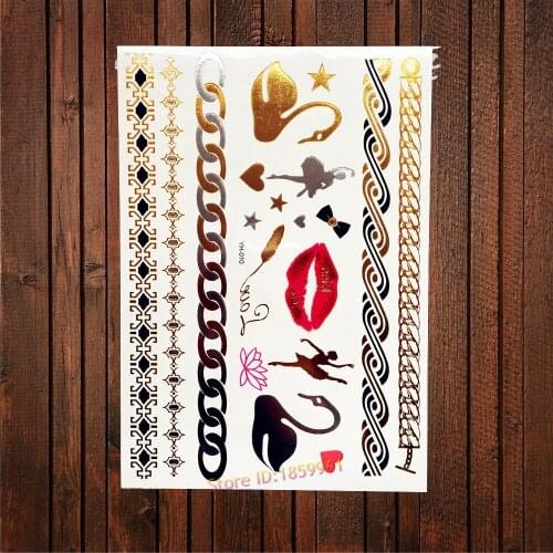 1PC Sexy Gold Swan Flash Metallic Temporary Tattoo Body Armband Chains Tattoo Red Lipstick AYH-010 Golden Chains Silver Bracelet