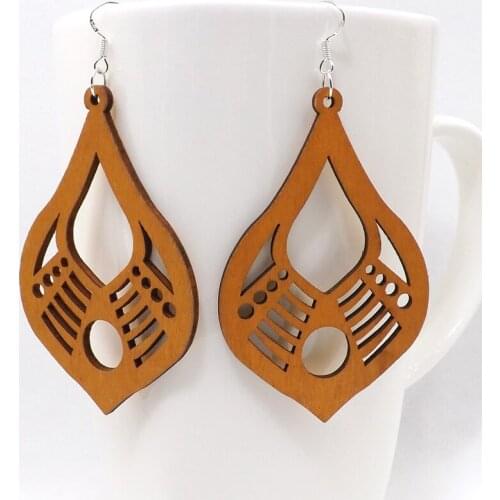 12 Pairs Good Quality Wood Earrings Organic brown Hollow African Woman Wooden Brincos Pendant 4.7x7.3cm