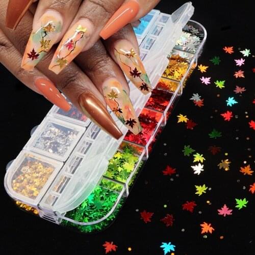 12 grid box mixed color nail sequins laser butterfly flower plum blossom maple leaf star love DIY nail patch jewelry nail art