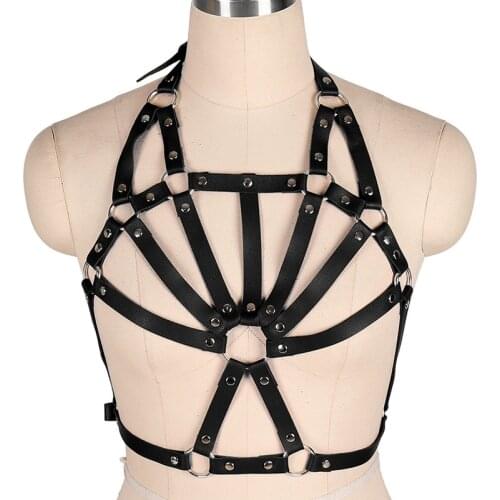 BDSM Leather Body Harness Underwear Goth Hanging Neck Sling Women Sexy Chest Bondage Cage Belts Club Rave Pole Dance Dress Seks