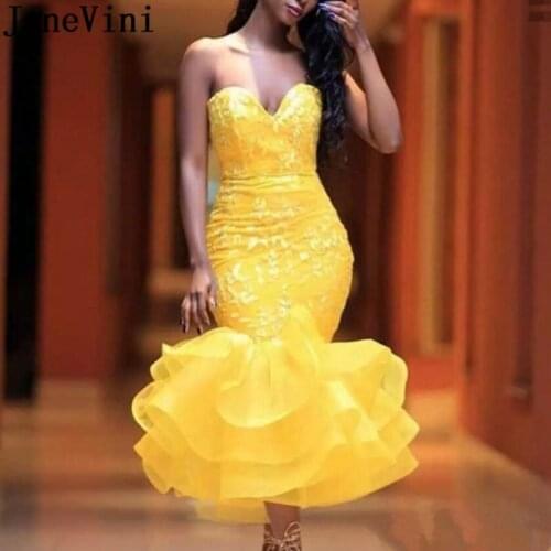 JaneVini Elegant Yellow Mermaid Evening Dresses Ruffles 2019 Sweetheart Appliques Organza Plus Size Formal Gowns Robe De Soiree