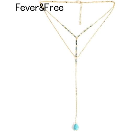 Fever&Free Women Bohemian Tribal Fashion Necklaces Long Chain Amazonite Stone Clavicle Pendant Necklaces Ethnic Jewelry For 2019