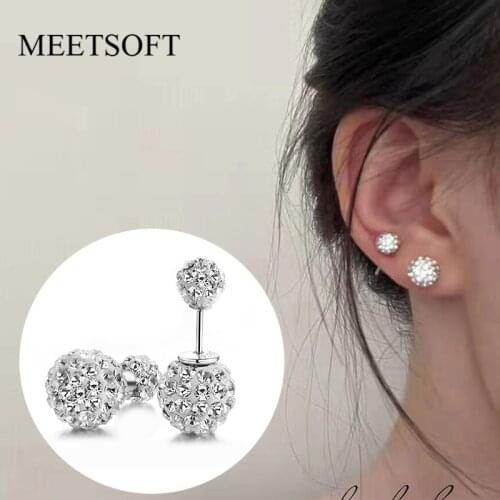 MEETSOFT Silver Plated Prevent Allergy Fashion Stud Earrings for Women Design Trendy White Crystal Shambhala Ball Jewelry Gift