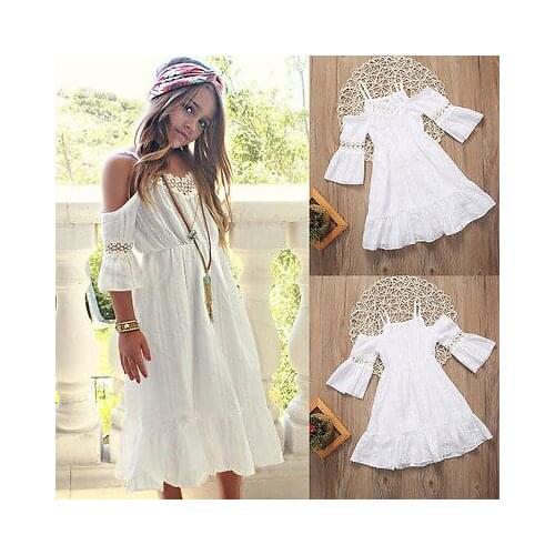 Cute Girl Kids Princess Vintage Lace Off Shoulder Dress White Short Sleeve Strap Wedding Party Pageant Dresses Beach Clothes