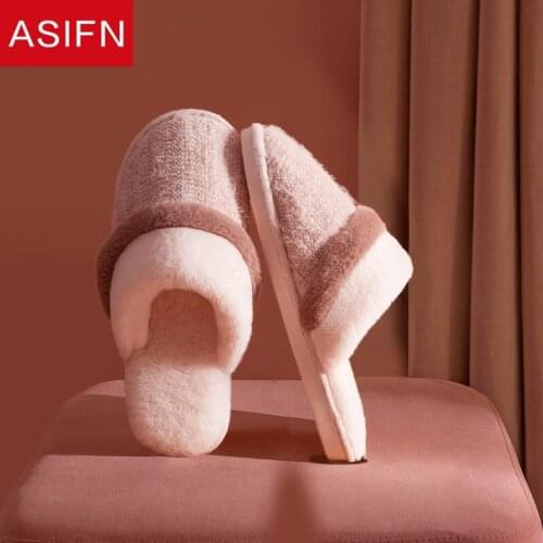 ASIFN Winter Cute Cotton Slippers Womens Home Warmth Couples Plush Bedroom Non-slip Men Women Fur Shoes Zapatillas De Mujer