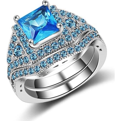 Fashion Bridal Sets Ring with Aqua Blue Crystal Paved 2 Rings Sets Silver Color Party Wedding Jewelry For Women Gift LSR252