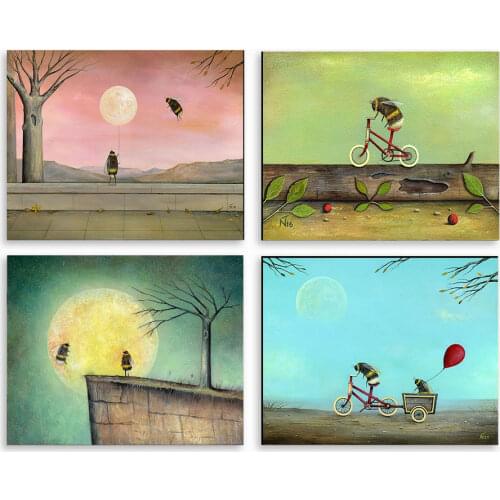 Cartoon Bee Bicycle Nordic Posters And Prints Wall Art Canvas Painting Balloon Nursery Art Prints Wall Pictures For Kids Room