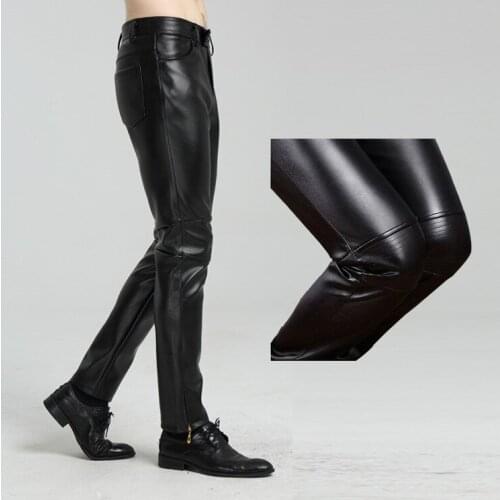 2022 Mens Autumn New Slim Fit Elastic Stitching Black Medium Thick Velvet Leather Pants