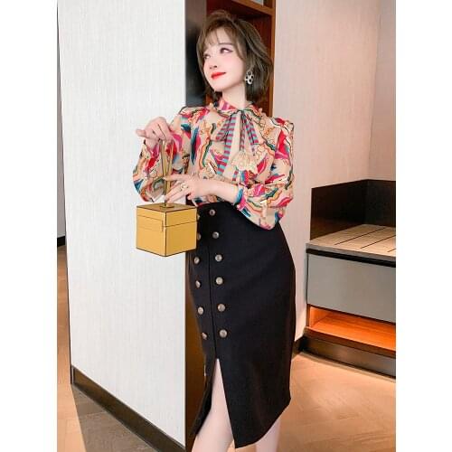 Niche rainbow printing bowknot shirt + double-breasted split skirt suits female 2021 spring the new High Quality Top Quality