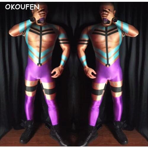 Nightclub Male Singer dj ds Costumes purple fluorescent hollow one piece dress party show wear