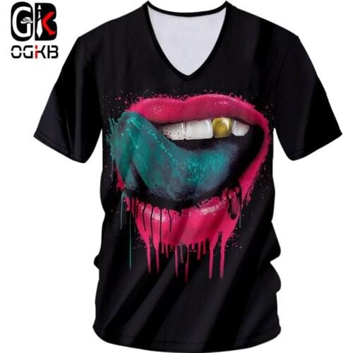 OGKB Sexy Deep V Neck Tshirt New Harajuku Women/mens Funny Print Green Tongue 3d T-shirts Man Short Sleeve Tee Shirts Unisex