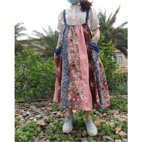 Original Pastoral Style Casual Floral Dress Plaid Dress Loose Patchwork Suspender Dress Woman Summer Dress