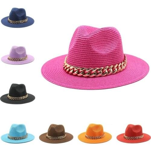 4pcs Mens Women Chain Straw Jazz hats wide brim caps panama casual band belt outdoor beach panama summer Fashion sun hat Cap