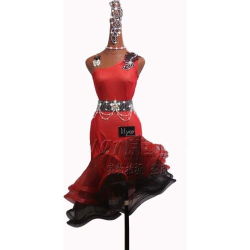 Latin Dance Costume competition dress black-and-red transition color skirt with sloping shoulders and fish bones #LD125