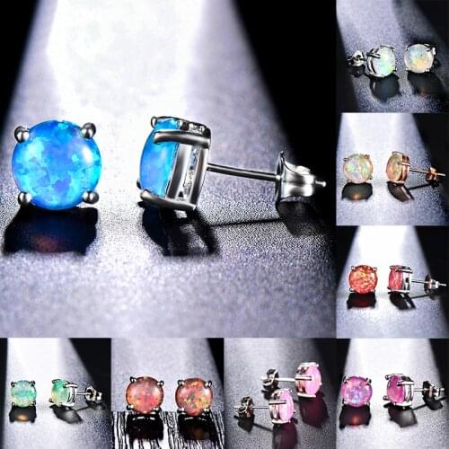 Simple Women Blue White Pink Opal Earrings For Women Classic Silver Color Wedding Jewelry Boho Bride Round Small Stud Earrings
