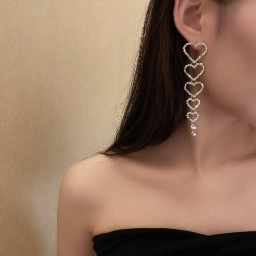 RINHOO Long Tassel Crystal Drop Earrings for Women New Shiny Rhinestone Heart Dangle Earrings Weddings Bride Jewelry Gifts