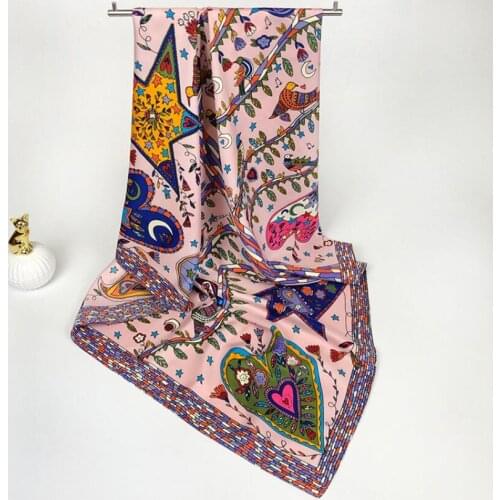 90*90cm Women Flora Print Square Scarf Girl Geometric Prints Scarf Chain Print Dots Print Wheel Print Scarves Capes Neck Scarf